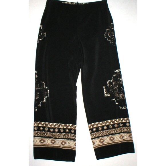Womens Worth New York $498 8 USA Print Silk Pants Black Brown Wide Ethnic Border